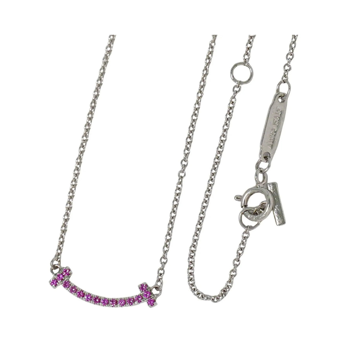 Tiffany & Co. T Smile Pendant 18K White Gold with Pink Sapphires, Silver, White Gold, Necklace