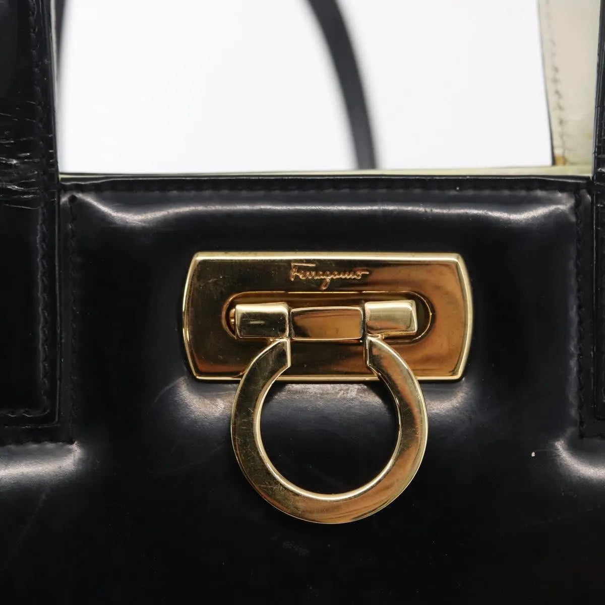 Salvatore Ferragamo Gancini Patent Leather, Black, Patent Leather, Handbag