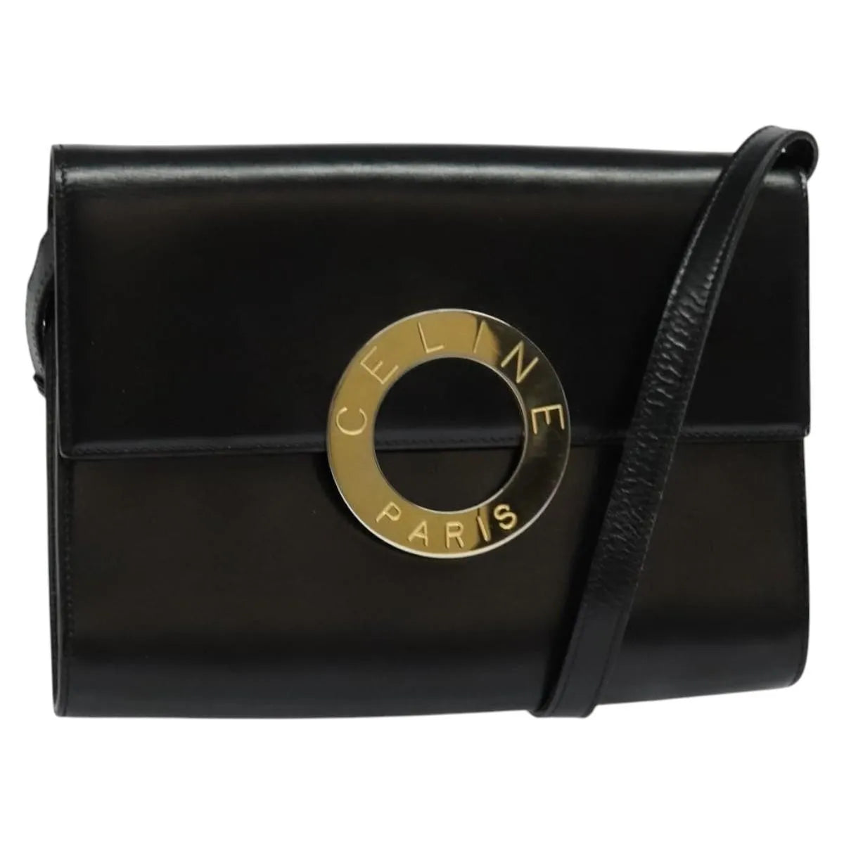 Celine Vintage Circle Logo Leather, Black, Leather, Shoulder Bag