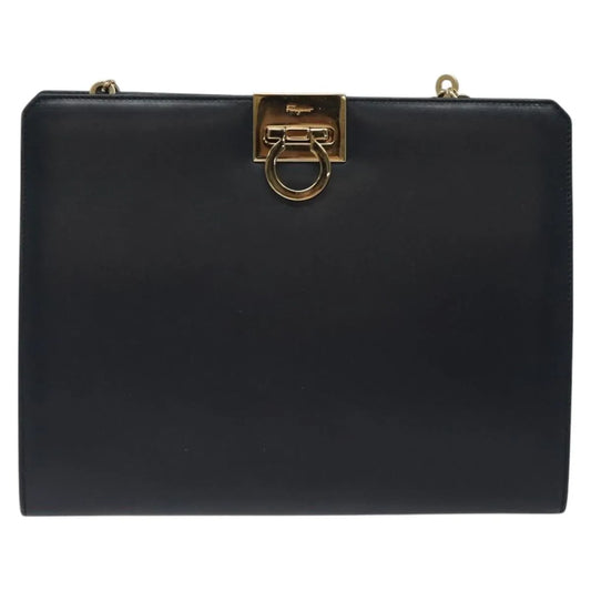 Salvatore Ferragamo Vintage Gancini Chain Leather, Navy, Leather, Shoulder Bag