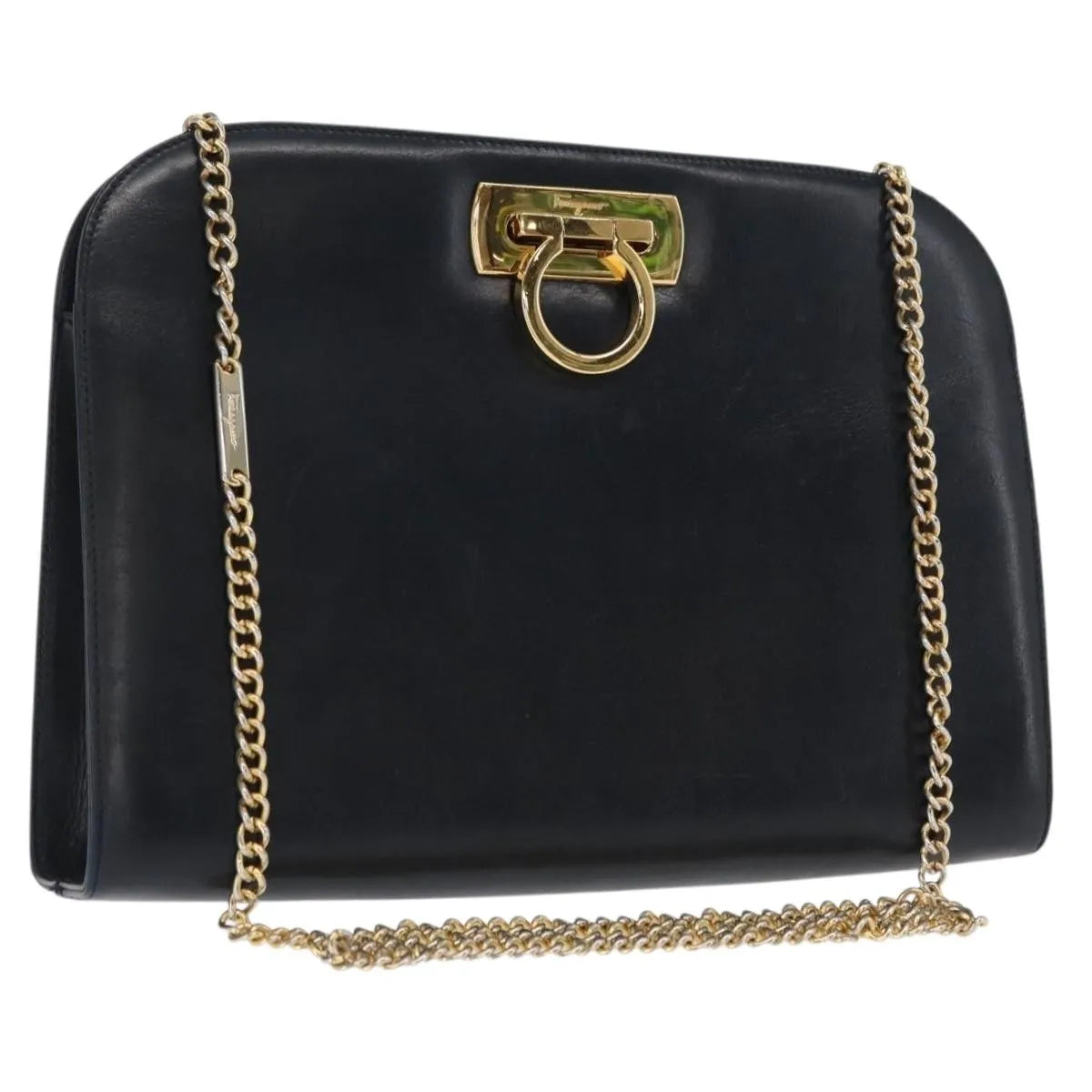 Salvatore Ferragamo Vintage Gancini Chain Leather, Navy, Leather, Shoulder Bag