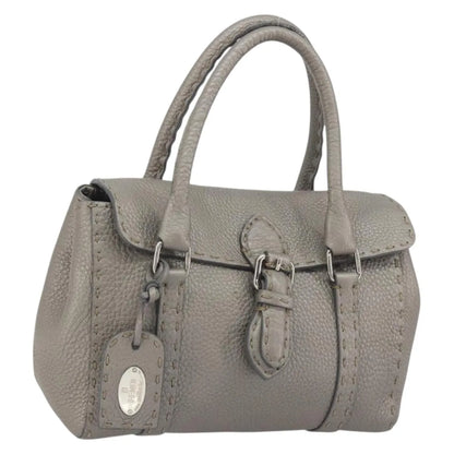 Fendi Selleria Linda Satchel Pebbled Leather, Gray, Leather, Handbag