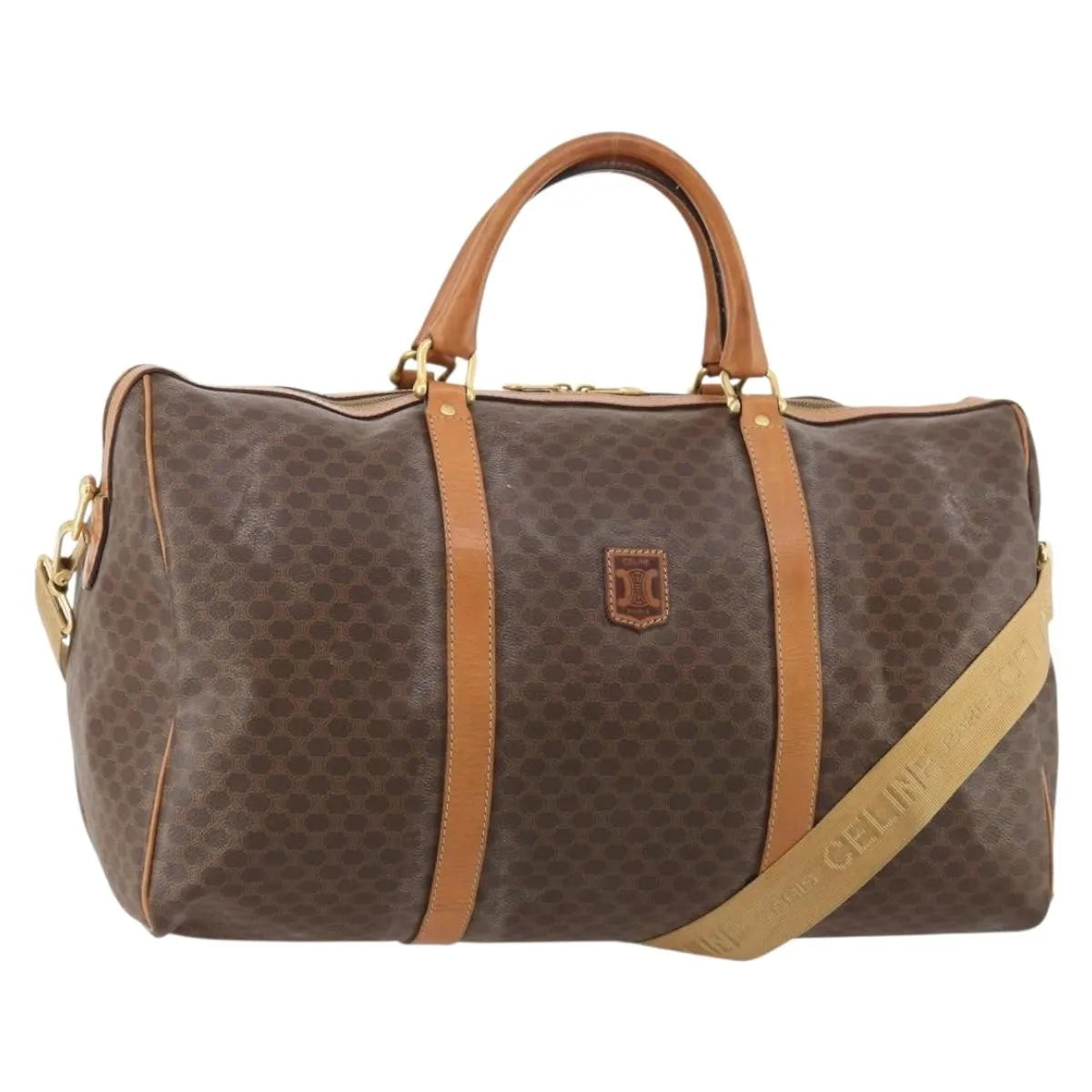 Celine Vintage Duffle Canvas and Leather, Brown, Canvas, Travel Bag