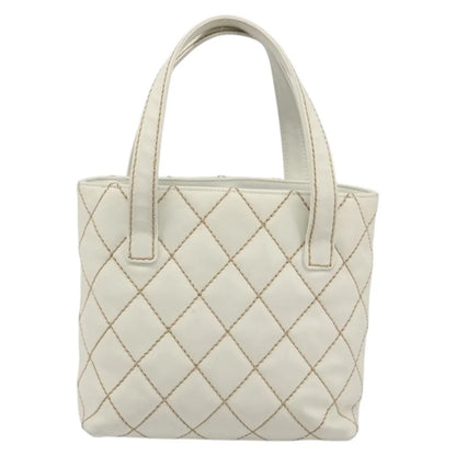 Chanel Surpique Tote Quilted Leather, White, Leather, Tote Bag