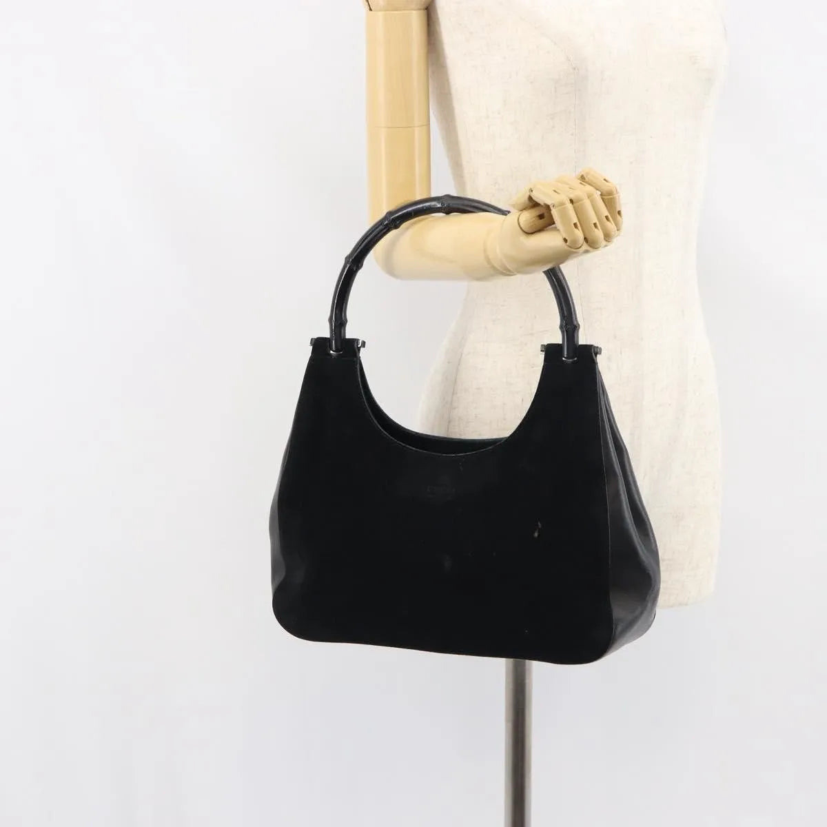Gucci Vintage Bamboo Handle Suede, Black, Suede, Handbag