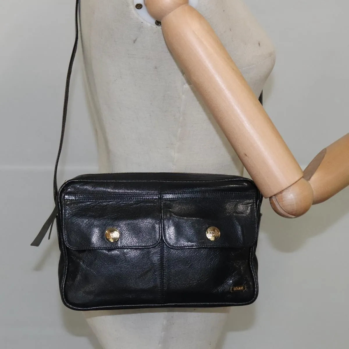 Celine Vintage Leather, Black, Leather, Shoulder Bag