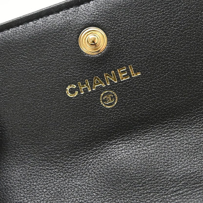 Chanel About Pearls Flap Card Holder with Chain Lambskin, Black, Leather, Shoulder Bag