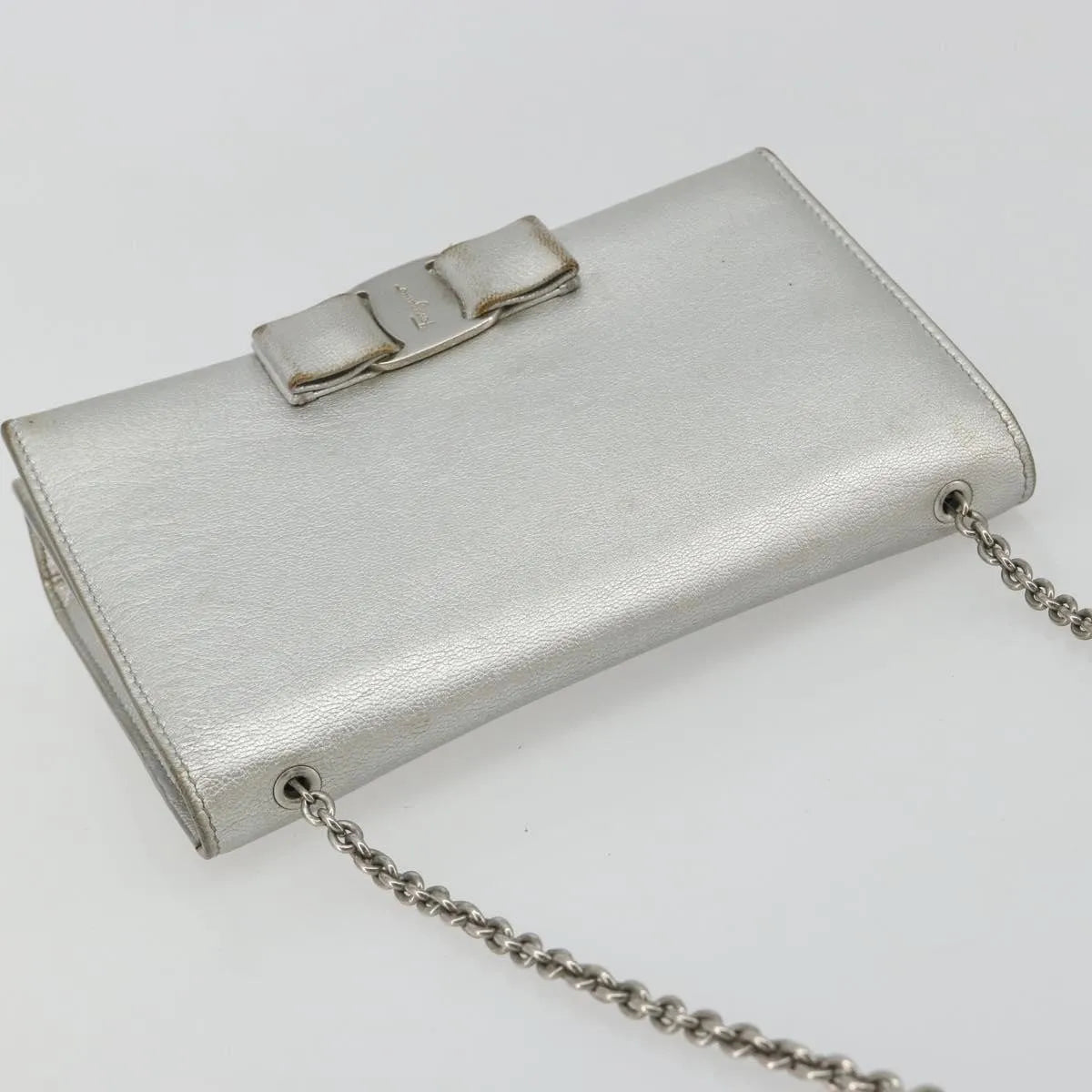 Salvatore Ferragamo Vara Chain Flap Leather, Silver, Leather, Shoulder Bag