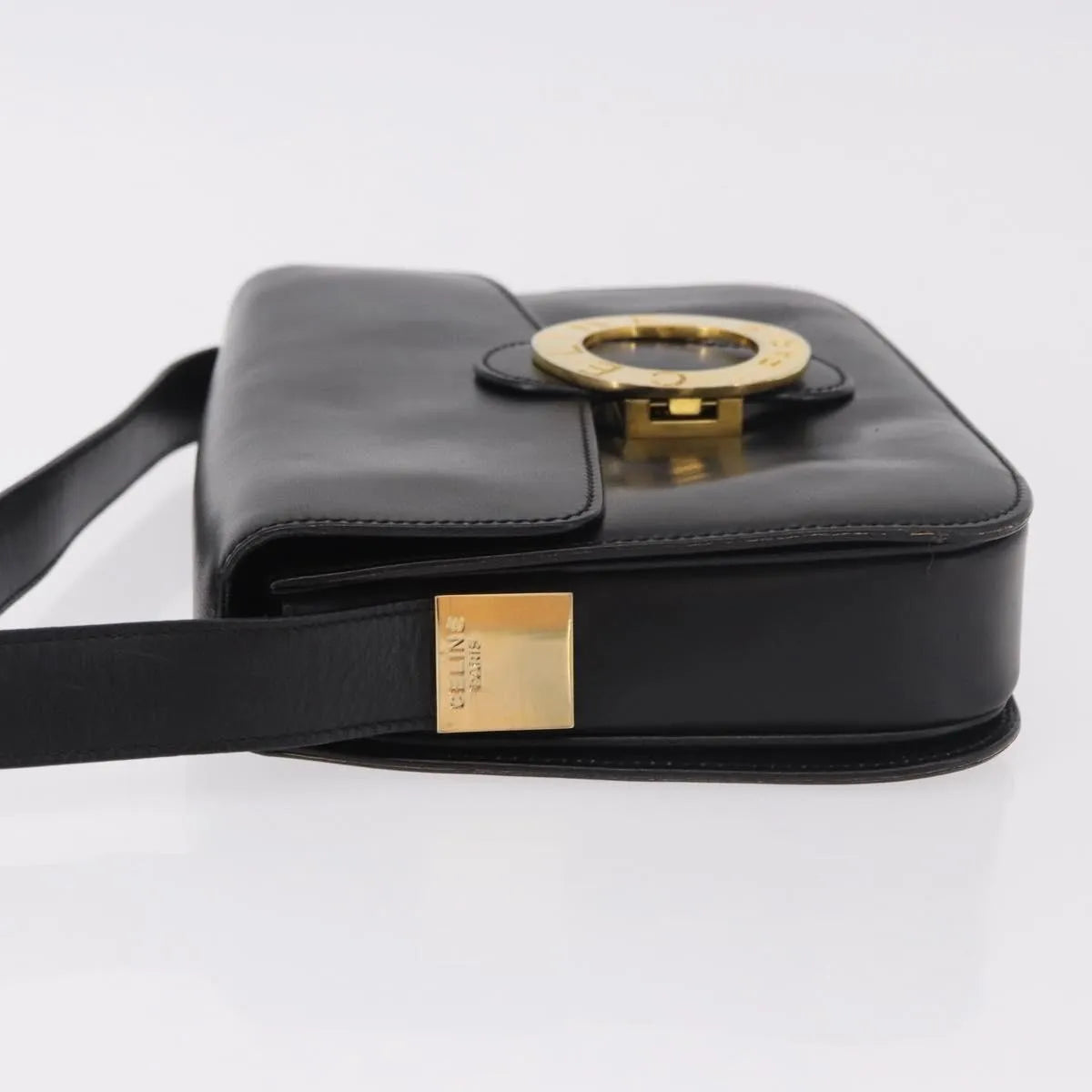 Celine Vintage Circle Logo Leather, Black, Leather, Shoulder Bag