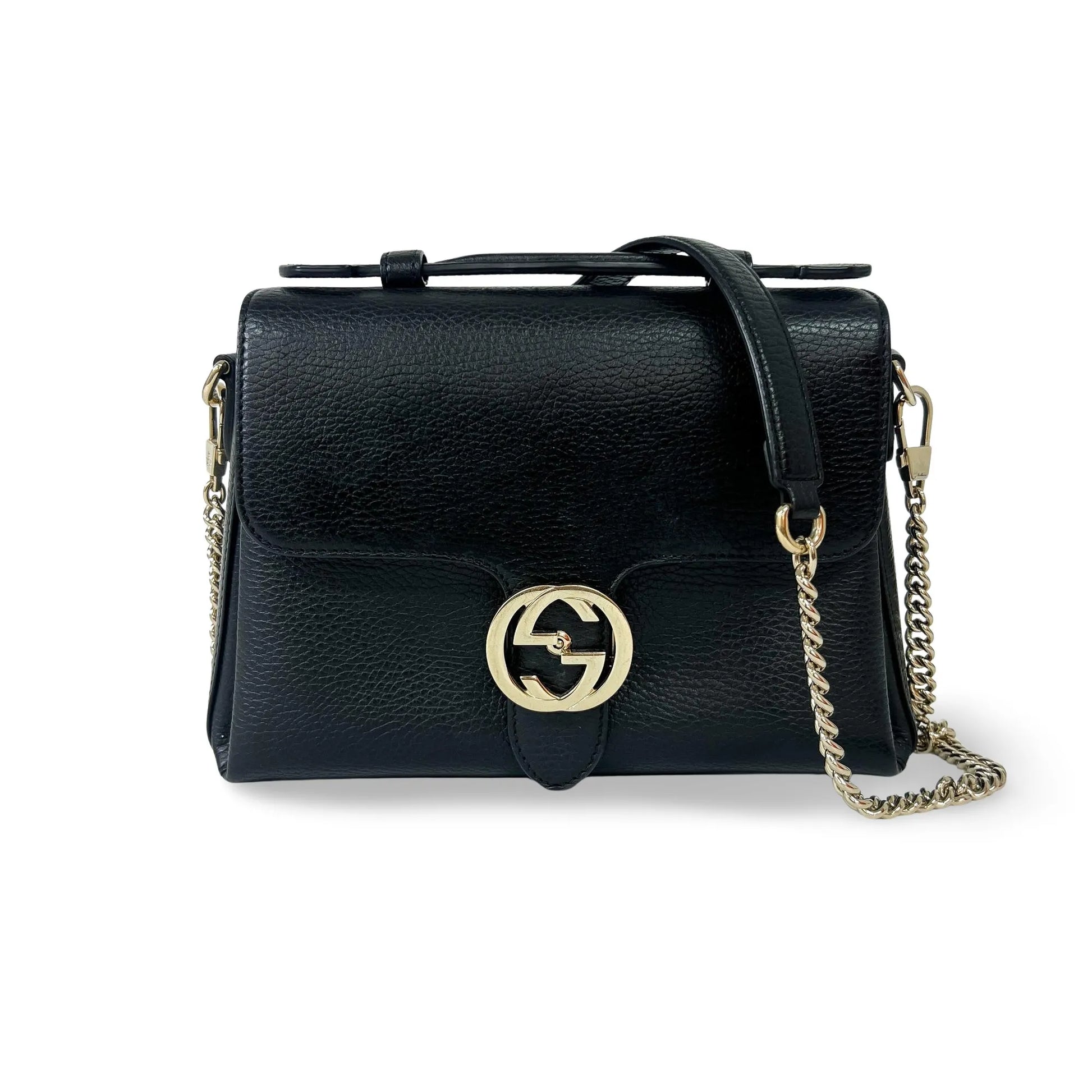 Gucci Interlocking Top Handle Leather, Black, Leather, Shoulder Bag