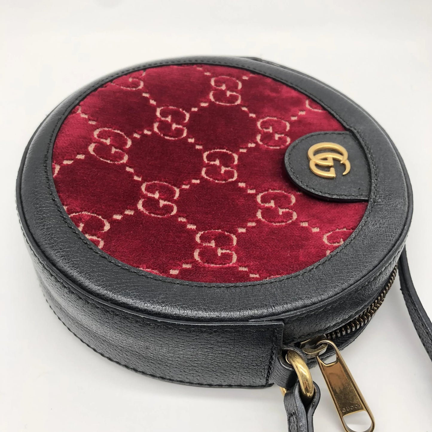 Gucci GG Marmont Round Velvet and Leather, Burgundy, Velvet, Shoulder Bag