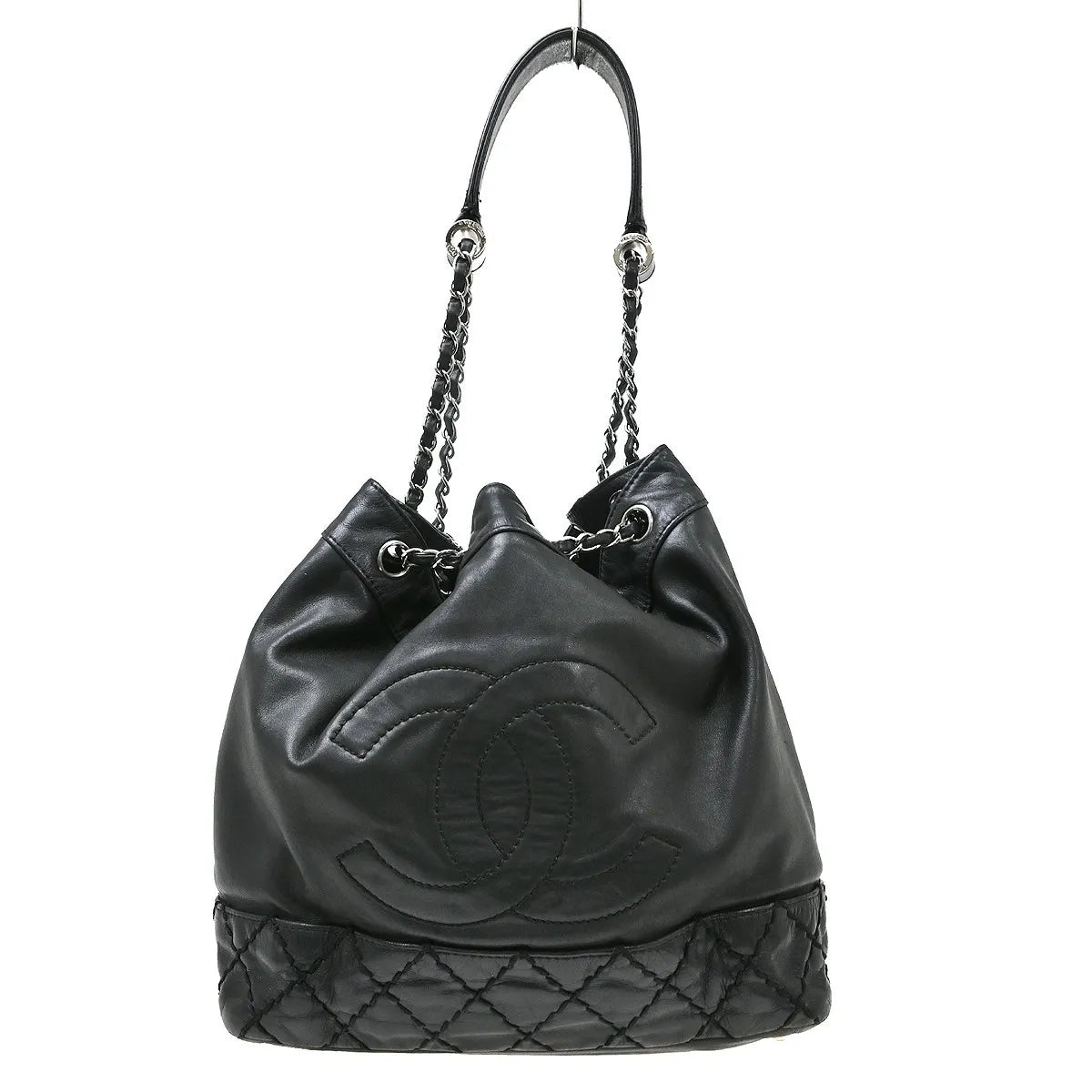Chanel Vintage CC Drawstring Bucket Lambskin, Black, Leather, Shoulder Bag