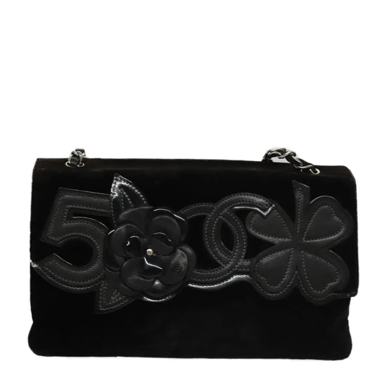 Chanel Camellia No.5 Chain Flap Velvet, Black, Velvet, Shoulder Bag