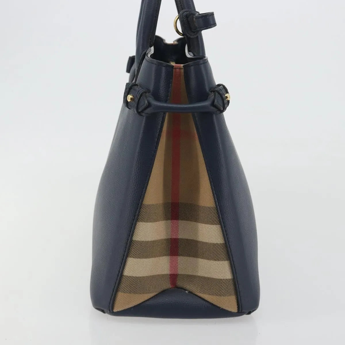 Burberry Banner Tote Leather and House Check Canvas, Navy, Leather, Handbag