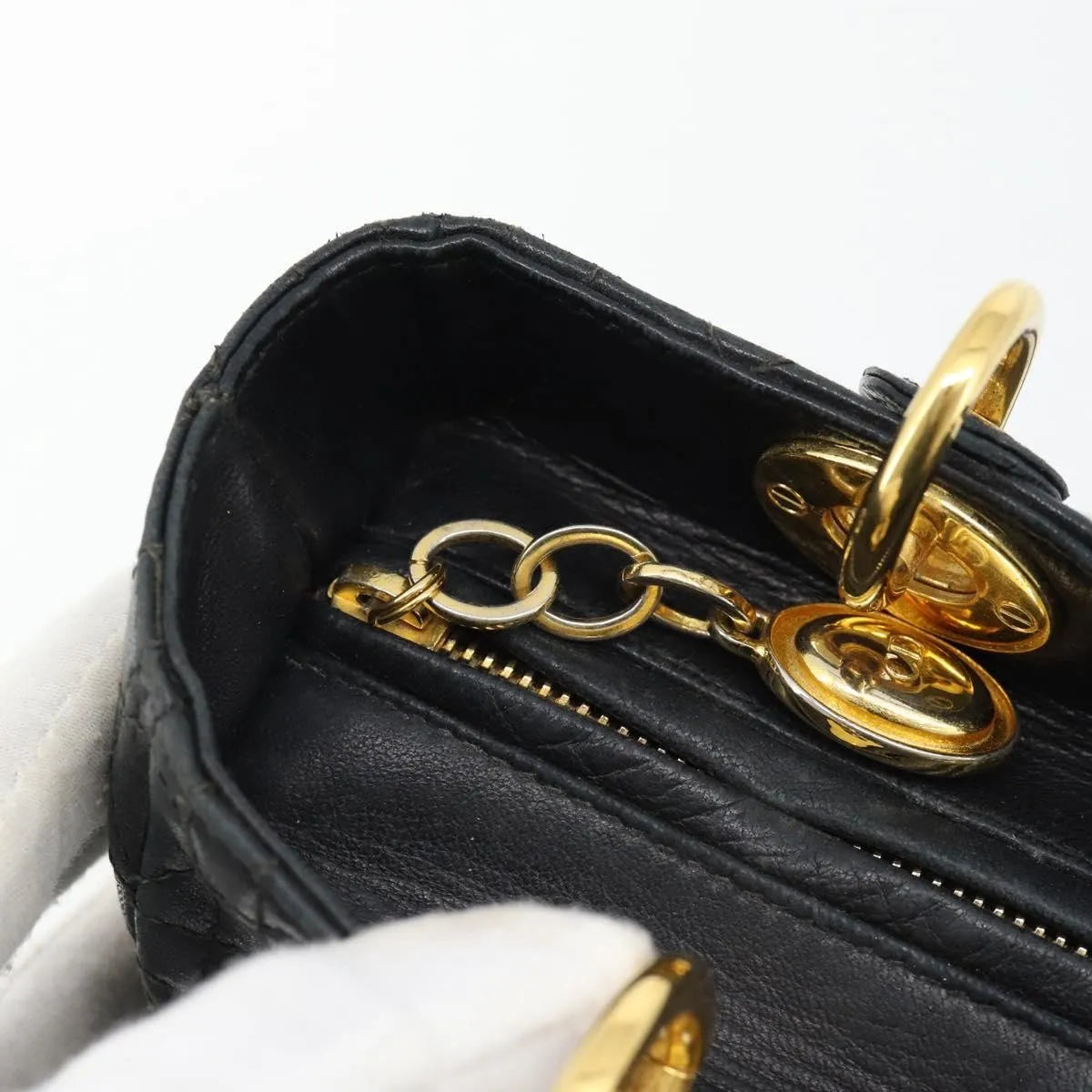 Christian Dior Vintage Lady Dior Cannage Quilt Lambskin, Black, Leather, Handbag