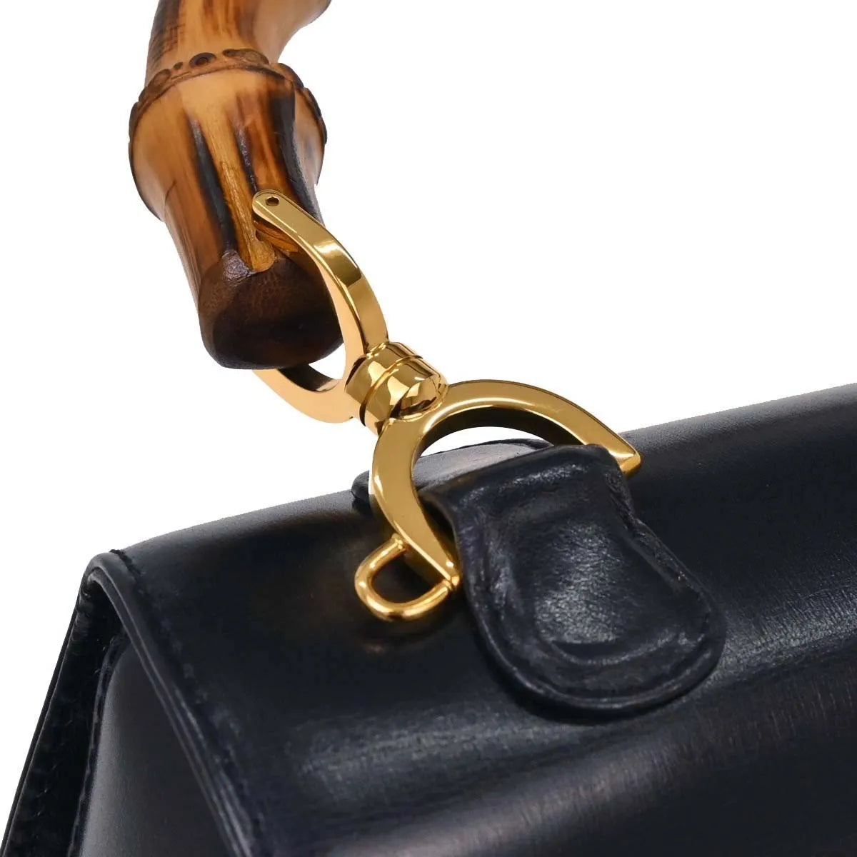 Gucci Vintage Convertible Bamboo Top Handle Leather, Navy, Leather, Handbag