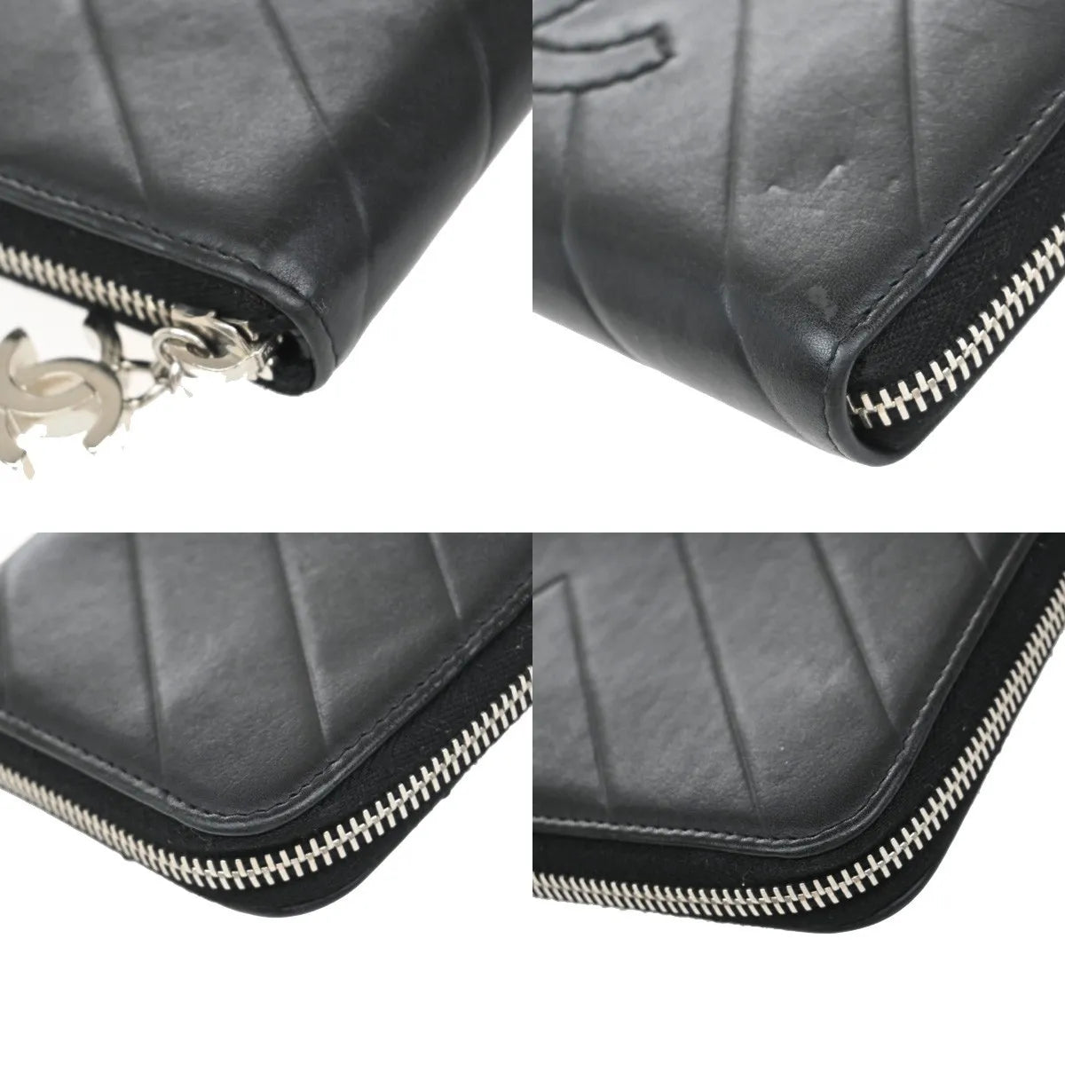 Chanel CC Charm Zip Around Quilted Lambskin, Black, Leather, Wallet