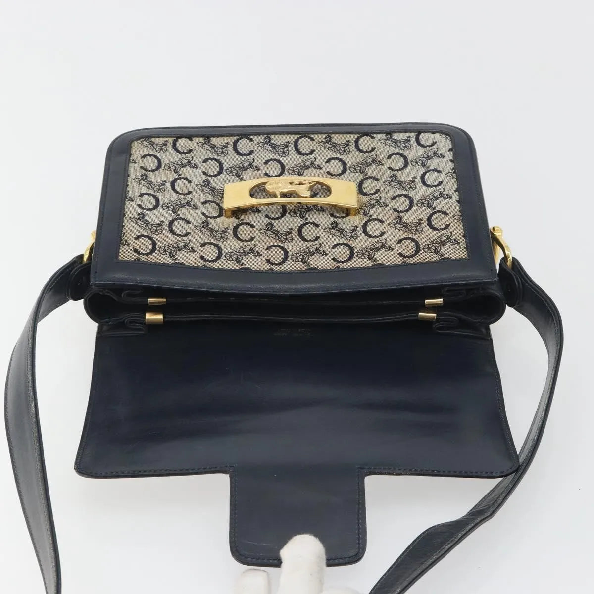 Celine Vintage Horse Carriage C Macadam Canvas and Leather, Navy, Canvas, Shoulder Bag