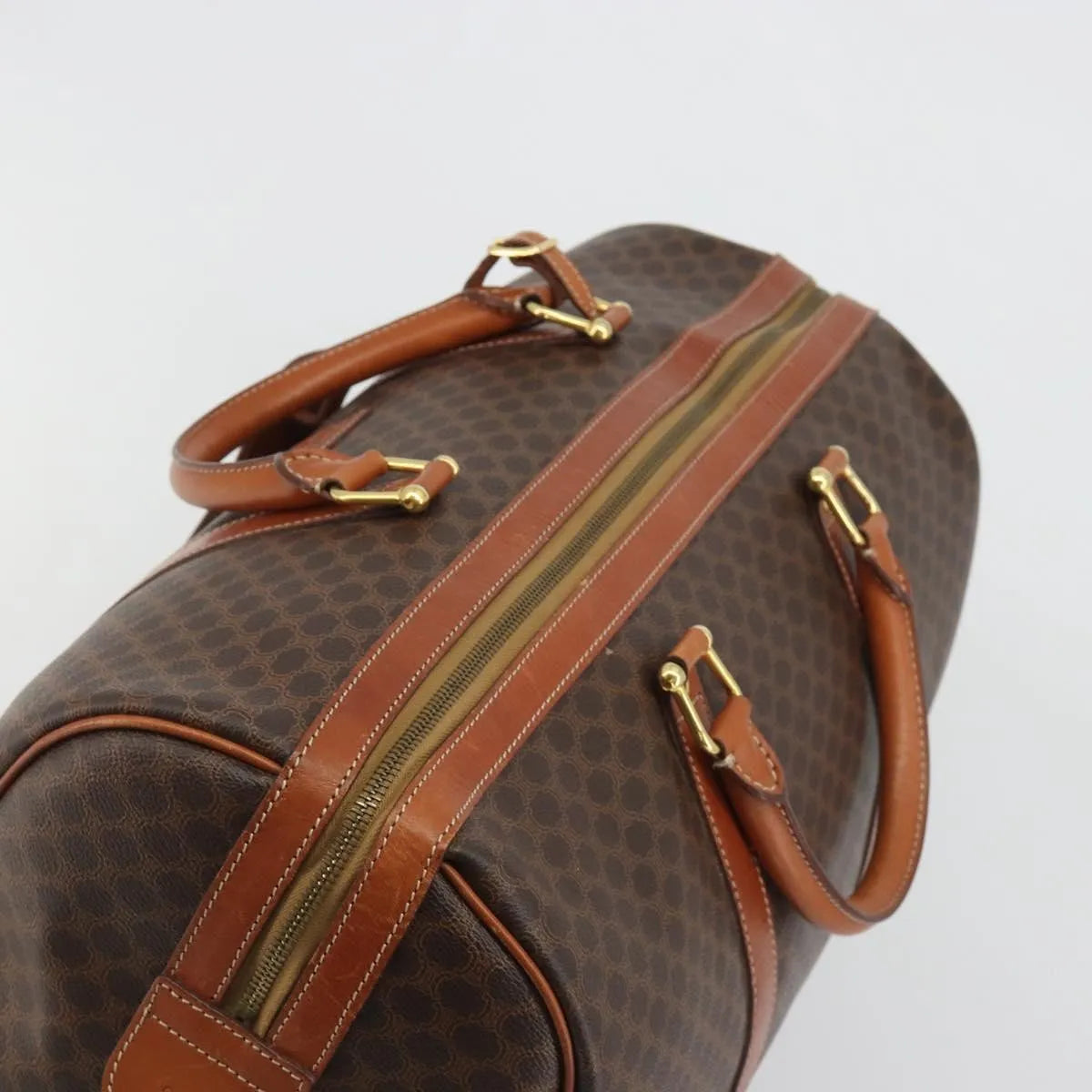 Celine Vintage Duffle Canvas and Leather, Brown, Canvas, Travel Bag