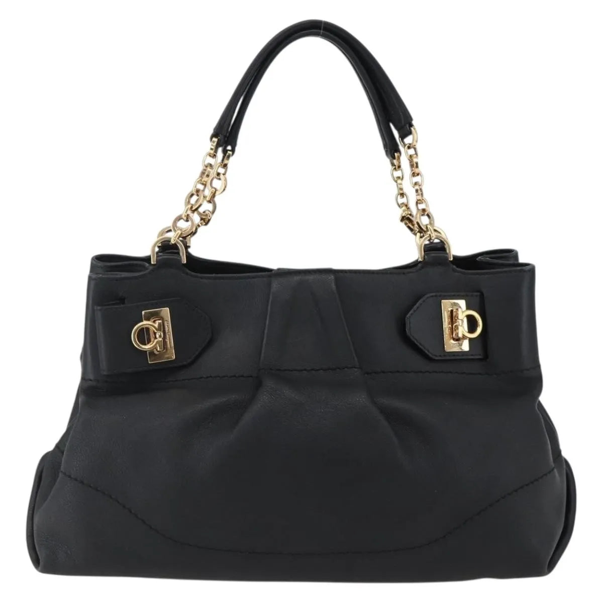 Salvatore Ferragamo W Chain Tote Leather, Black, Leather, Handbag