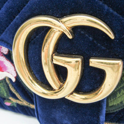 Gucci GG Marmont Flap Embroidered Matelasse Velvet, Blue, Velvet, Shoulder Bag