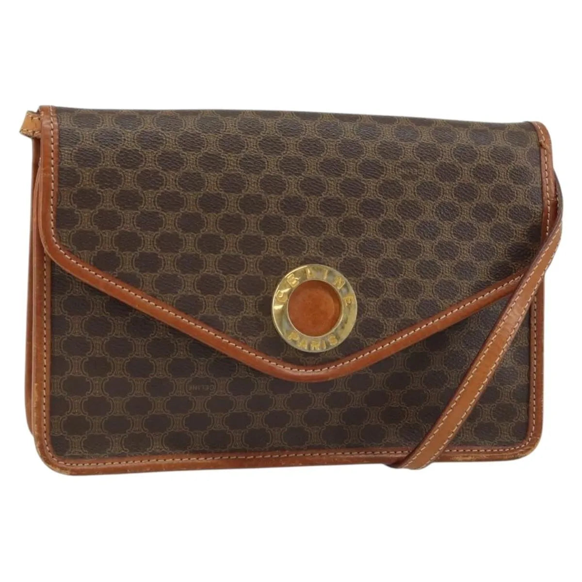Celine Vintage Macadam Circle Logo Canvas and Leather, Brown, Canvas, Shoulder Bag
