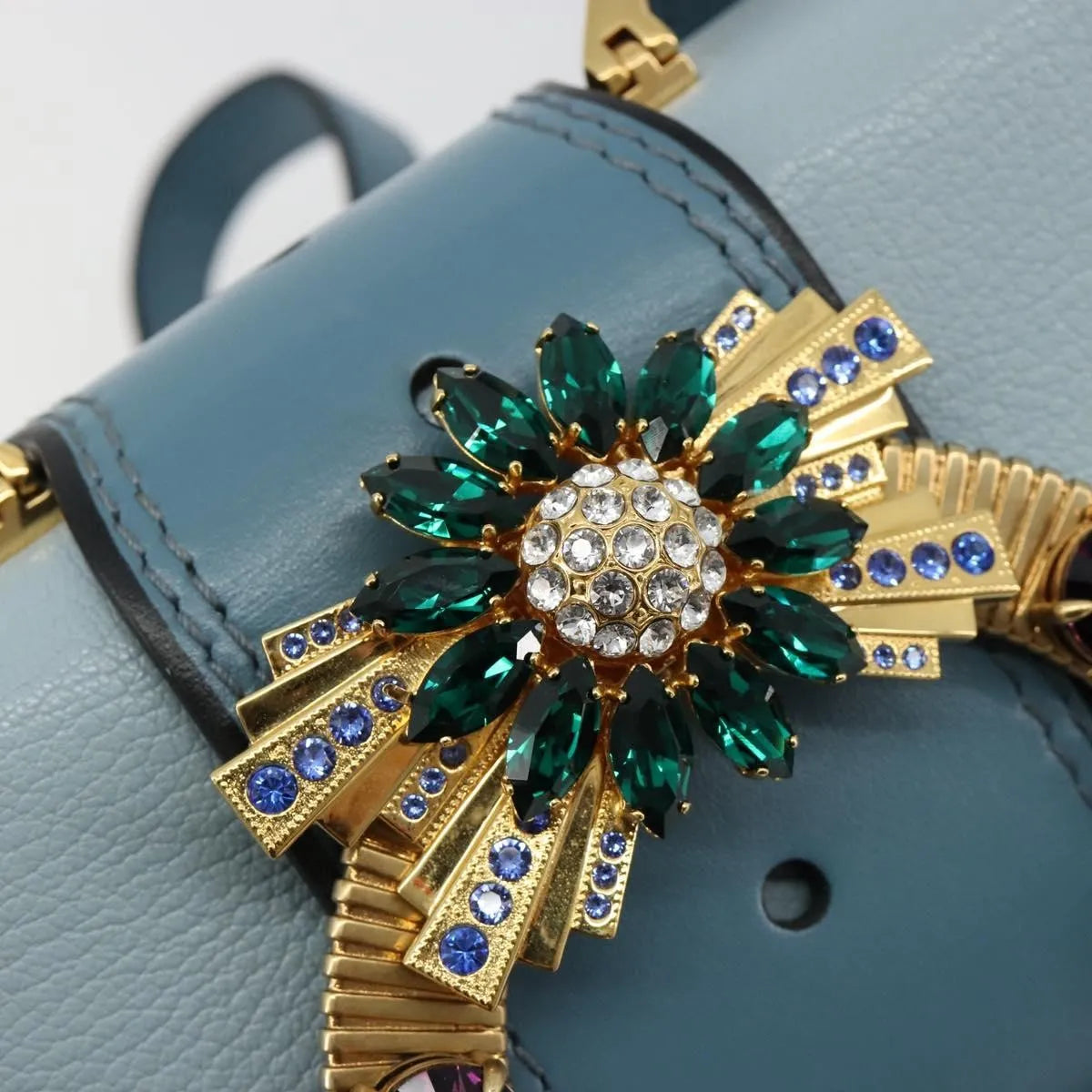 Miu Miu Madras Crystal Buckle Leather, Blue, Leather, Shoulder Bag