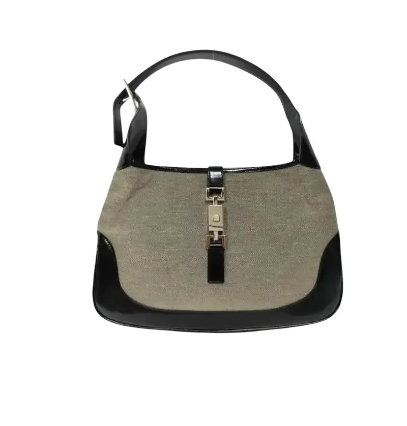 Gucci Vintage Jackie Shoulder Canvas and Leather, Beige, Canvas, Handbag