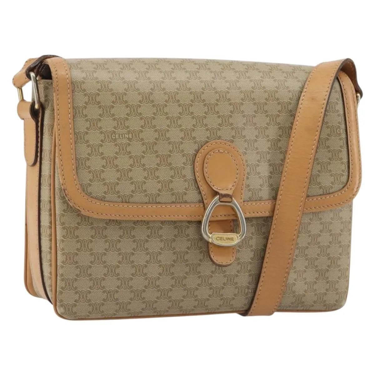 Celine Vintage Macadam Canvas and Leather, Beige, Canvas, Shoulder Bag