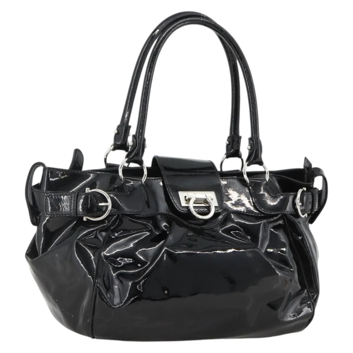 Salvatore Ferragamo Gancini Patent Leather, Black, Patent Leather, Handbag