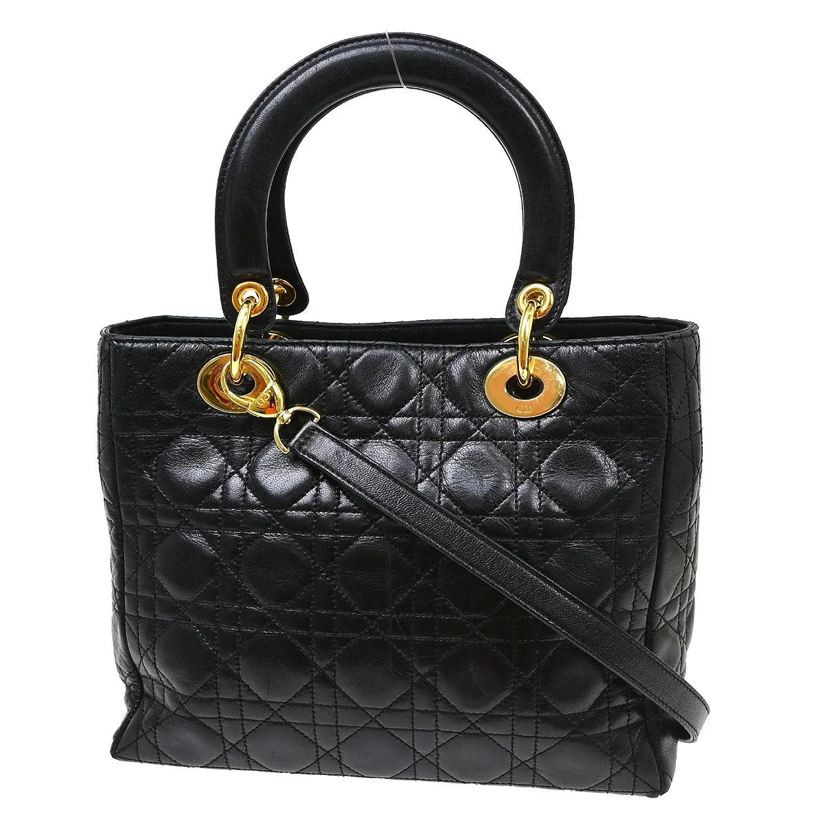 Christian Dior Lady Dior Cannage Quilt Lambskin, Black, Leather, Handbag