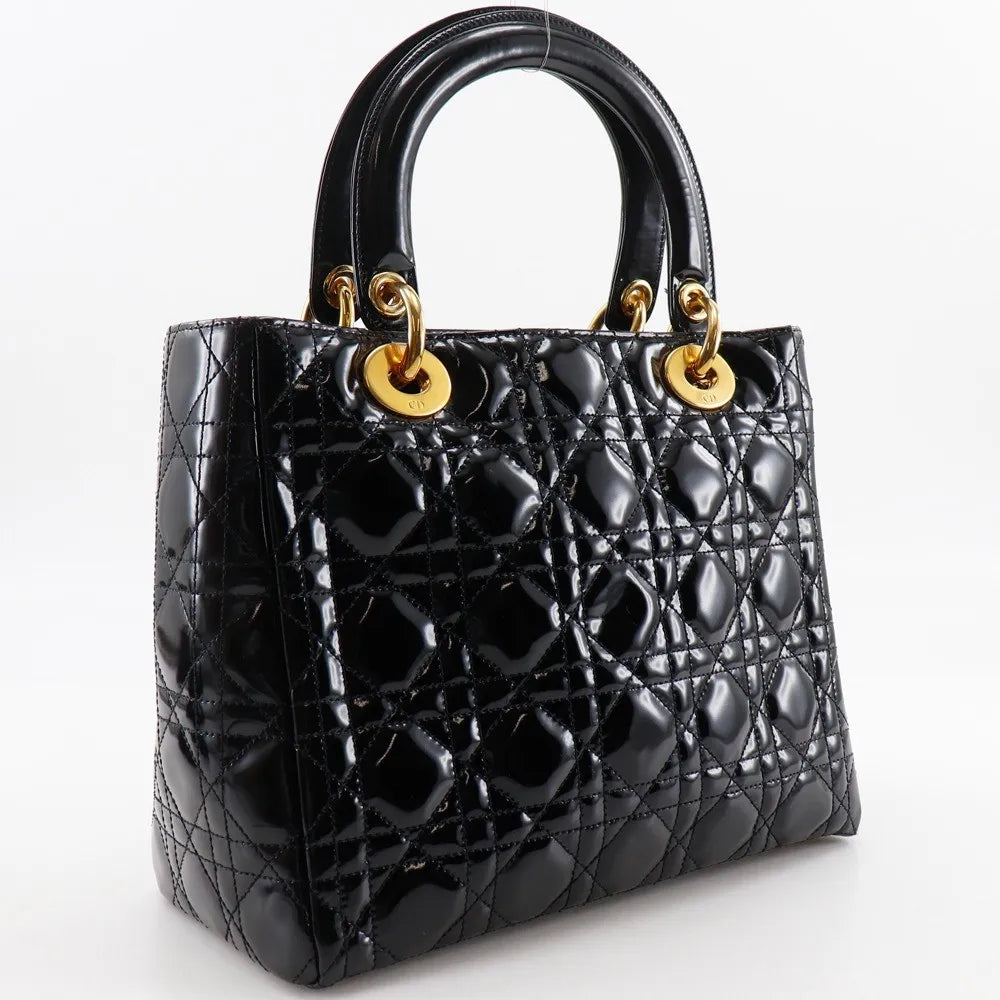 Christian Dior Lady Dior NM Cannage Quilt Patent, Black, Patent Leather, Tote Bag