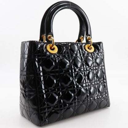 Christian Dior Lady Dior NM Cannage Quilt Patent, Black, Patent Leather, Tote Bag