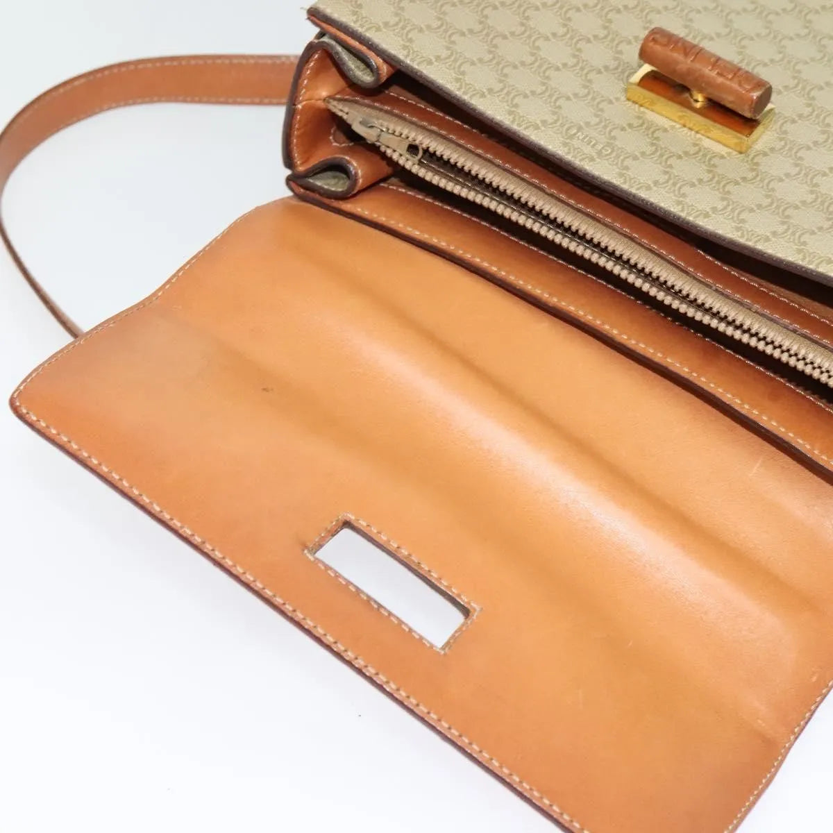 Celine Vintage Convertible Top Handle Macadam Coated Canvas, Beige, Canvas, Handbag