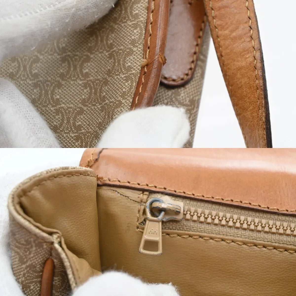 Celine Vintage Macadam Canvas and Leather, Beige, Canvas, Handbag
