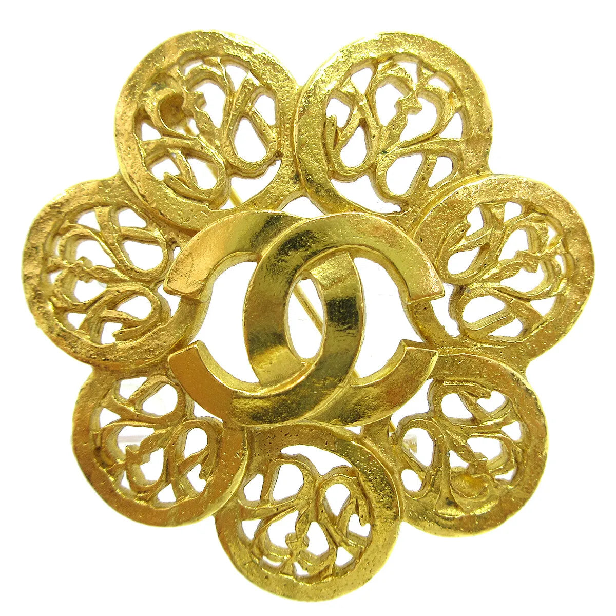 Chanel Vintage CC Flower Textured Metal, Gold, Gold Plated, Brooch