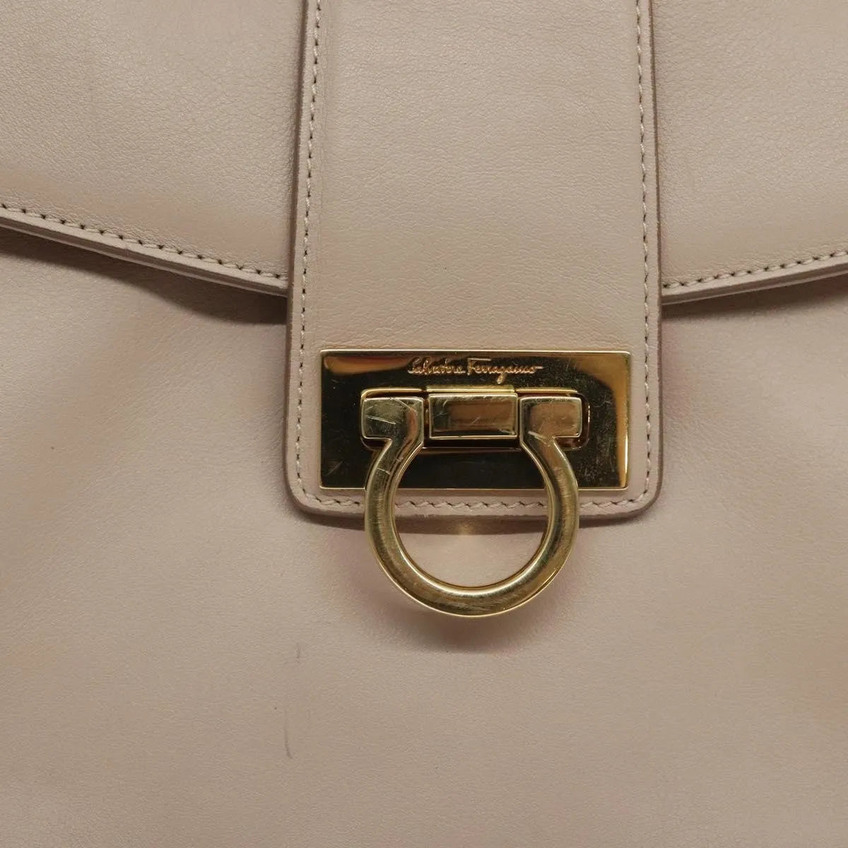 Salvatore Ferragamo Gancini Chain Leather, Beige, Leather, Shoulder Bag