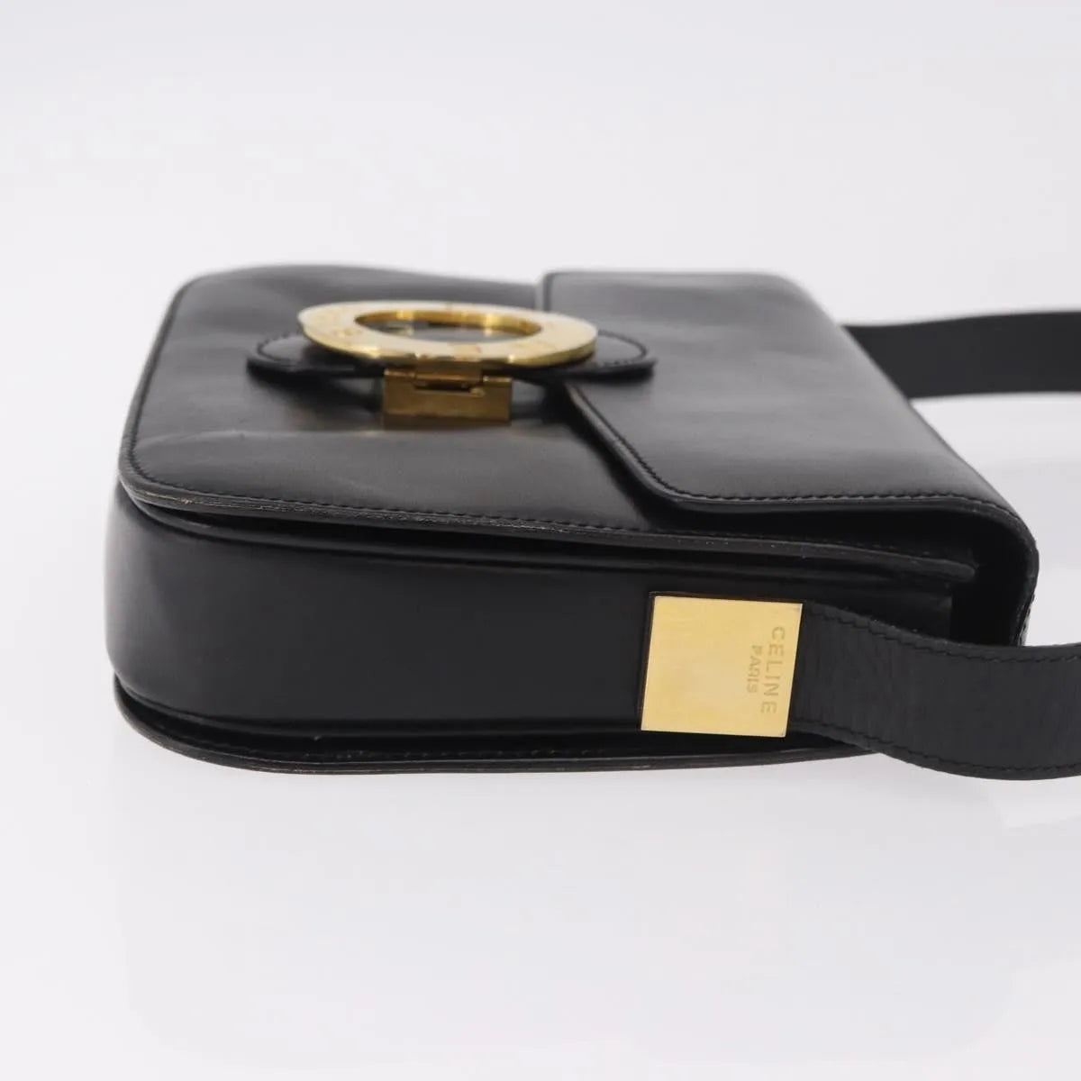 Celine Vintage Circle Logo Leather, Black, Leather, Shoulder Bag