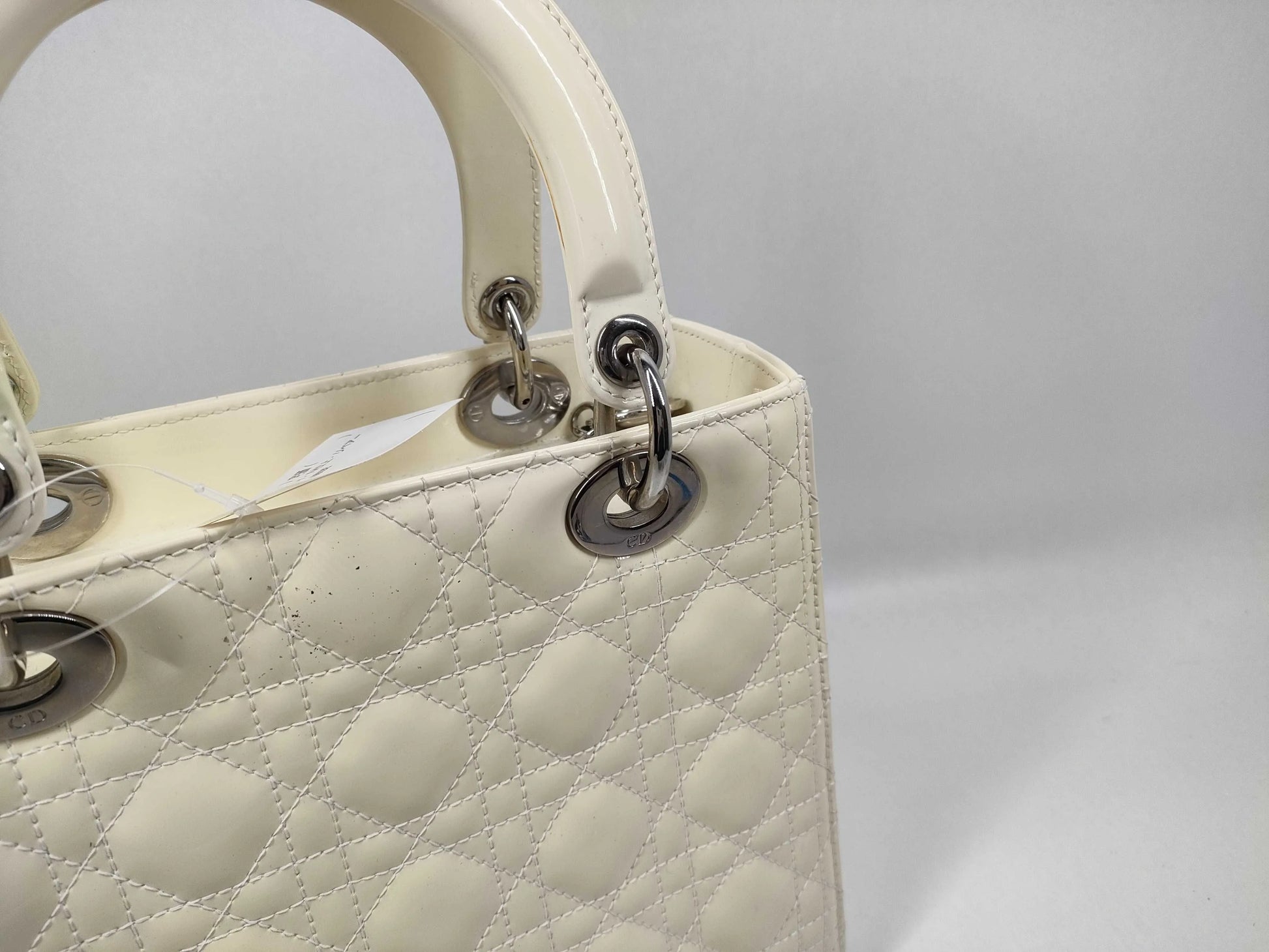 Christian Dior Lady Dior Cannage Quilt Patent, White, Leather, Handbag