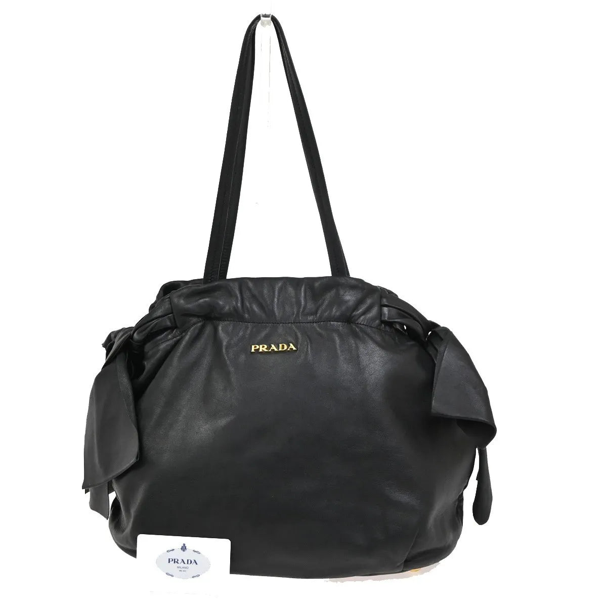 Prada Bow Tie Pleated Tote Leather, Black, Leather, Shoulder Bag