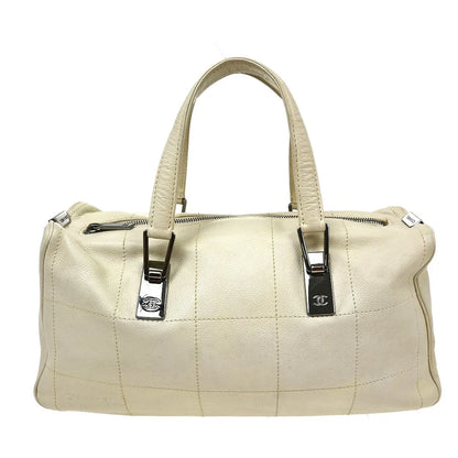 Chanel Square Stitch CC Boston Quilted Leather, White, Leather, Handbag