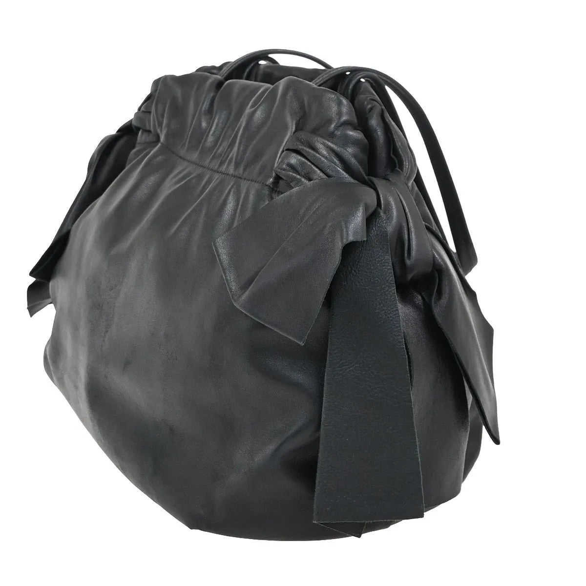 Prada Bow Tie Pleated Tote Leather, Black, Leather, Shoulder Bag