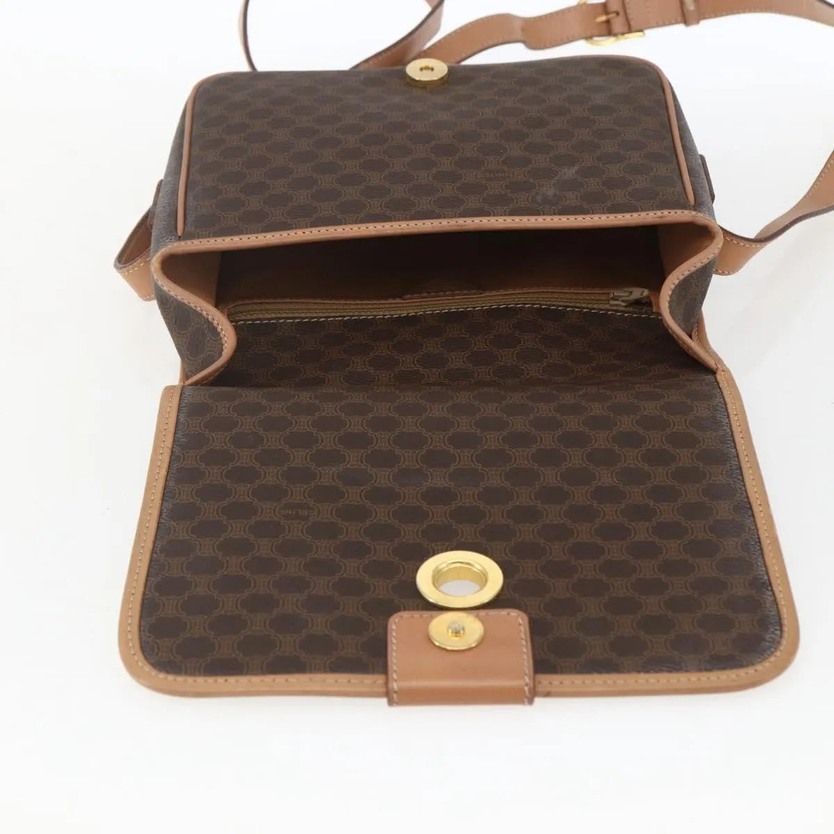 Celine Vintage Macadam Circle Logo Canvas and Leather, Brown, Canvas, Shoulder Bag