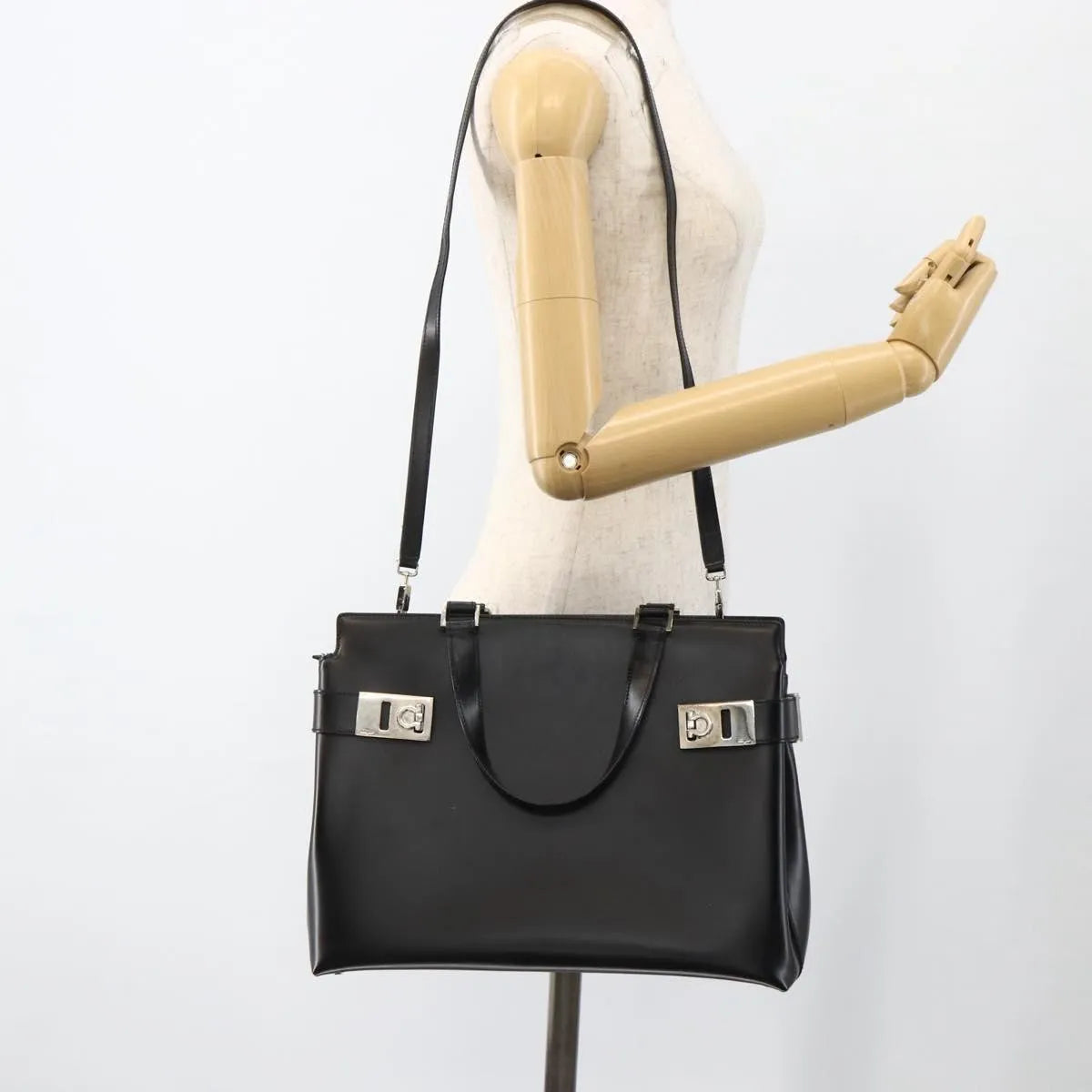 Salvatore Ferragamo Double Gancini Side Buckle Tote Leather, Black, Leather, Handbag