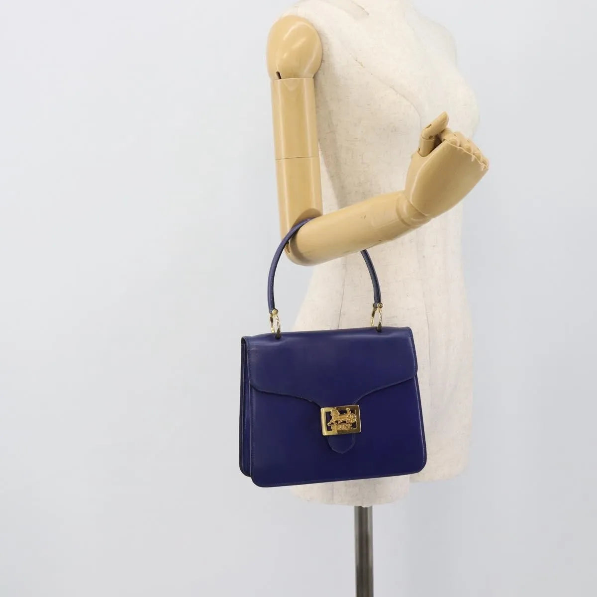Celine Vintage Carriage Top Handle Leather, Blue, Leather, Handbag