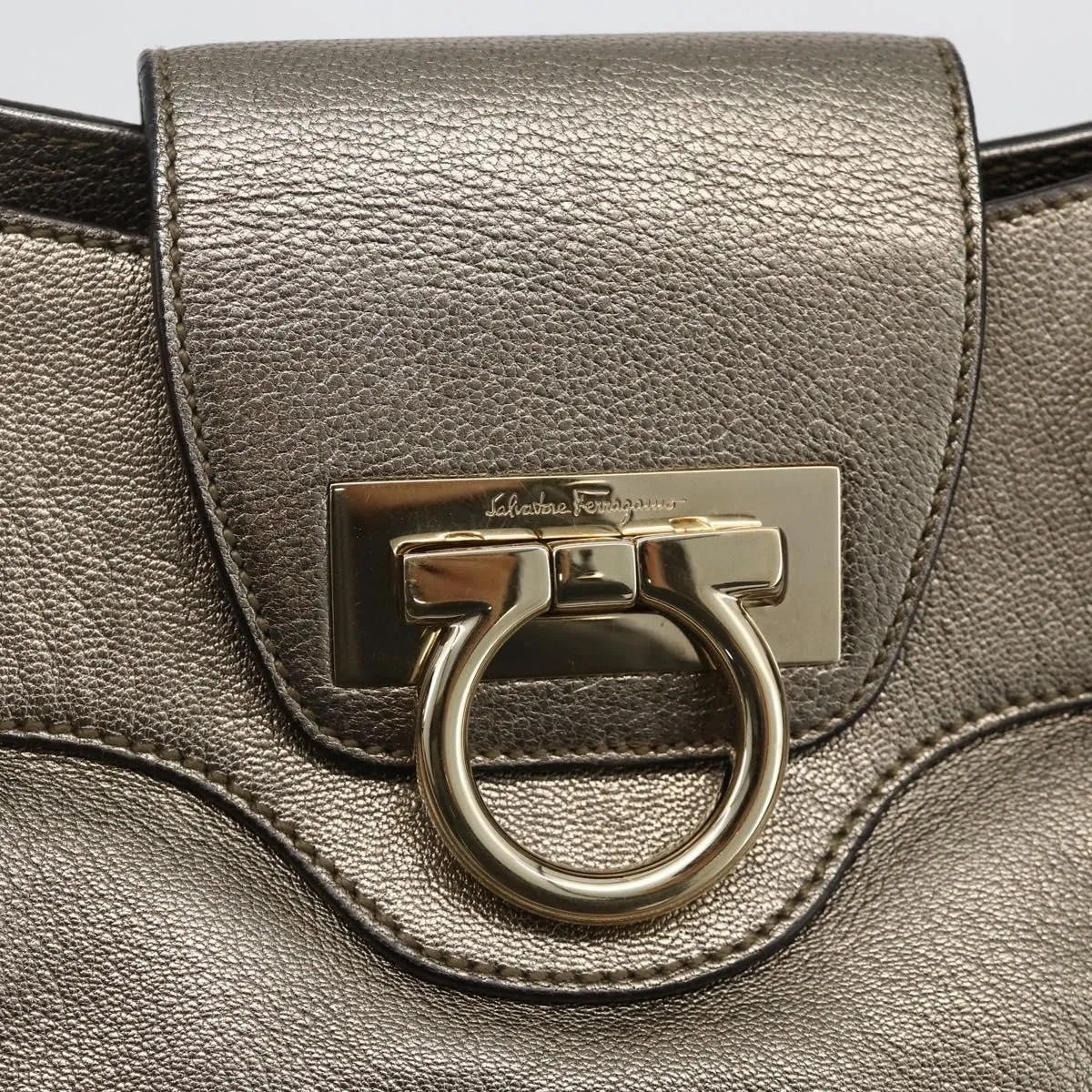 Salvatore Ferragamo Gancini Leather, Silver, Leather, Handbag