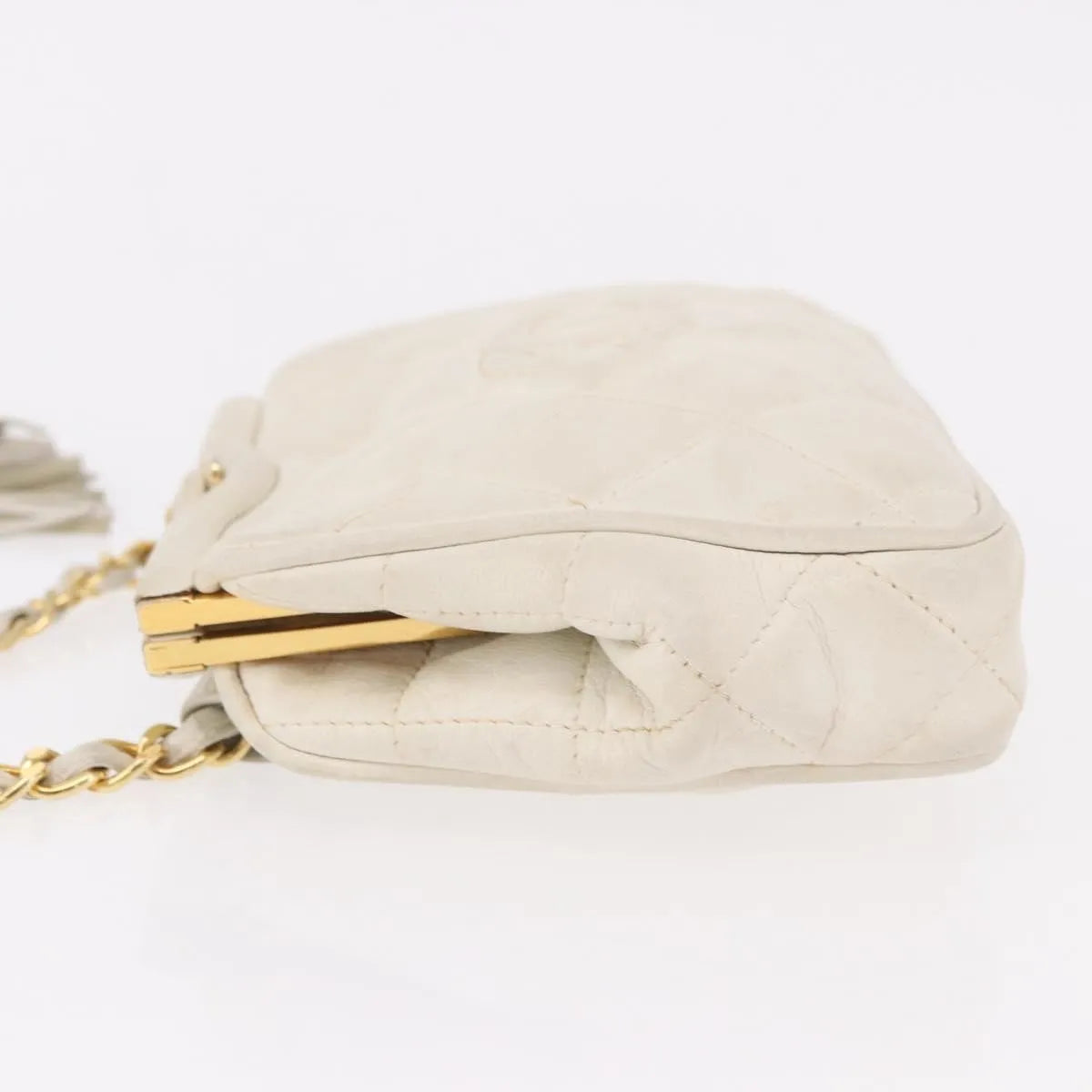 Chanel Vintage Diamond CC Tassel Quilted Lambskin, White, Leather, Shoulder Bag