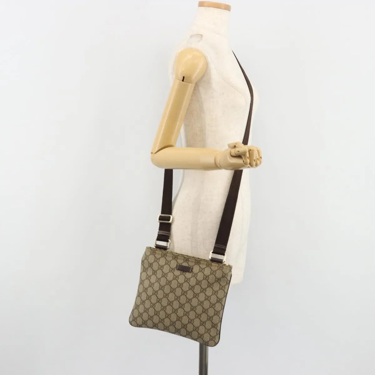 Gucci Zip Top Messenger GG Canvas with Leather, Beige, Canvas, Shoulder Bag