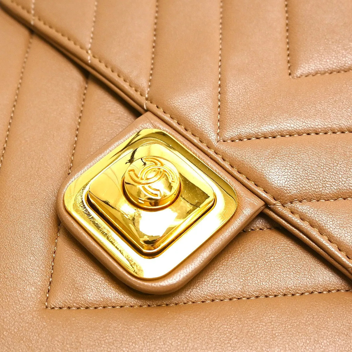 Chanel Vintage Push Lock Flap Chevron Lambskin, Brown, Leather, Shoulder Bag