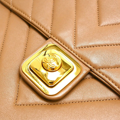 Chanel Vintage Push Lock Flap Chevron Lambskin, Brown, Leather, Shoulder Bag